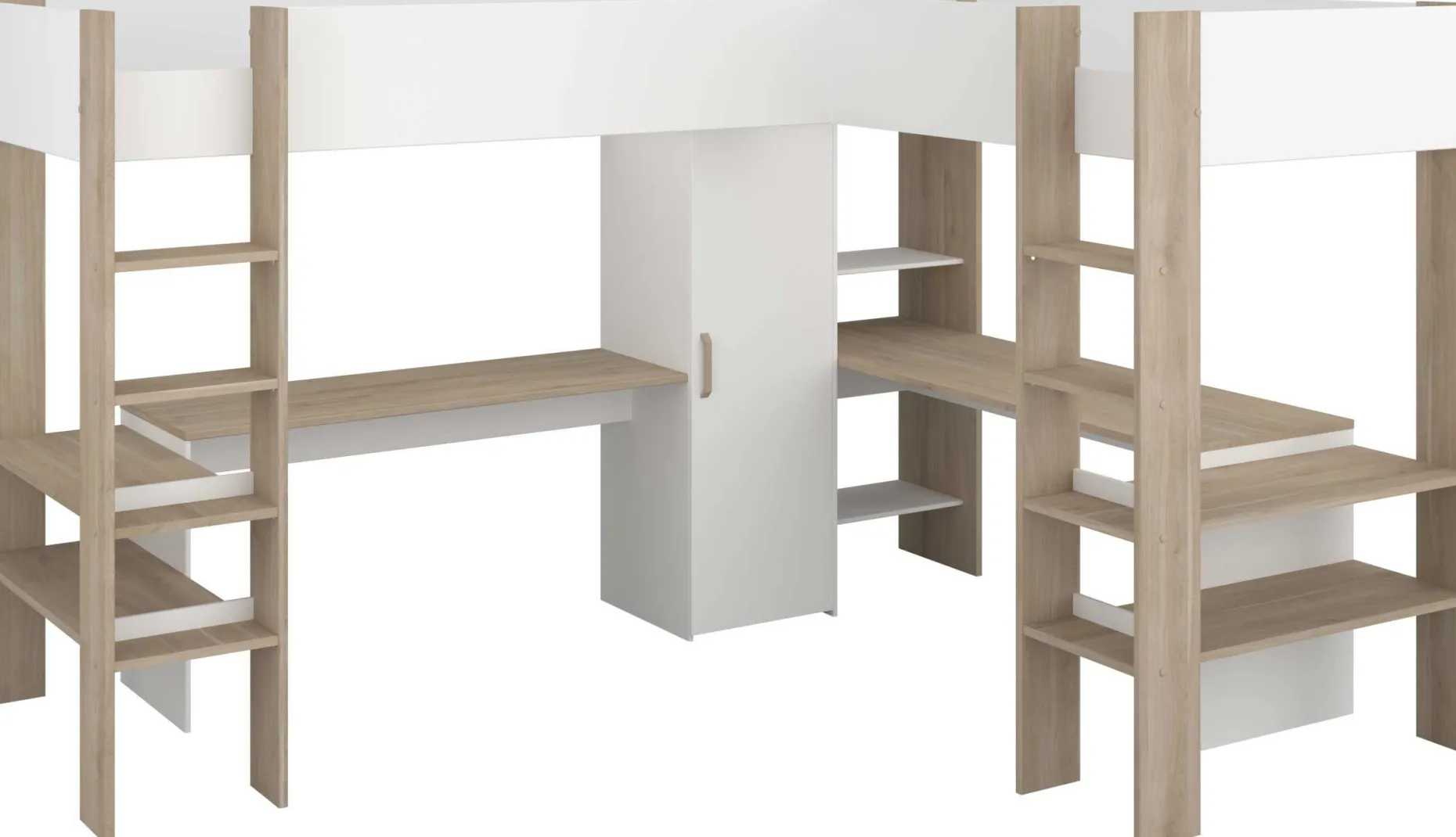 Alexandrie Doppelhochbett - 90x200 - mit Schreibtisch - Eiche/Weiß