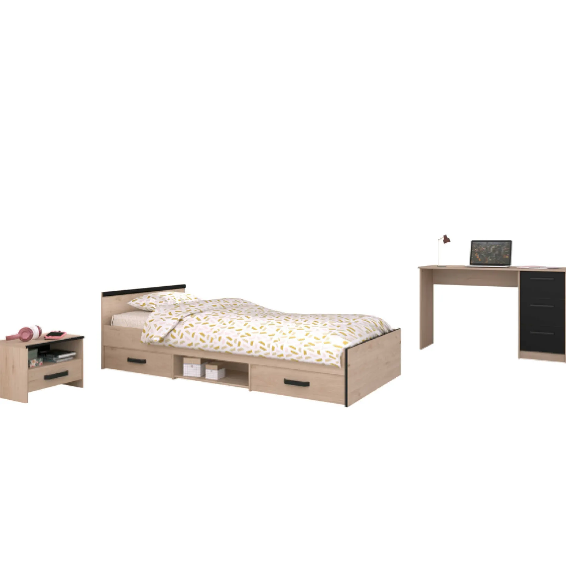 AlmaKinderzimmer : Bett 90x200cm, Nachttisch, Schreibtisch - Eiche Dekor