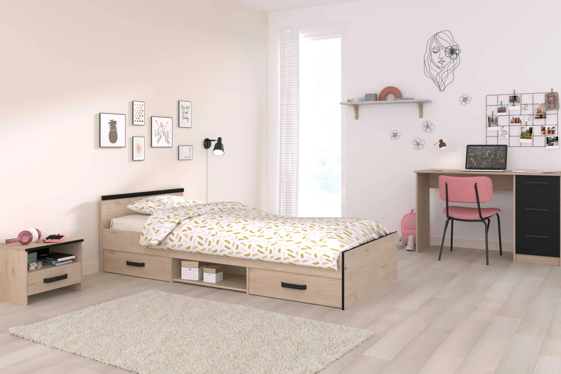 AlmaKinderzimmer : Bett 90x200cm, Nachttisch, Schreibtisch - Eiche Dekor