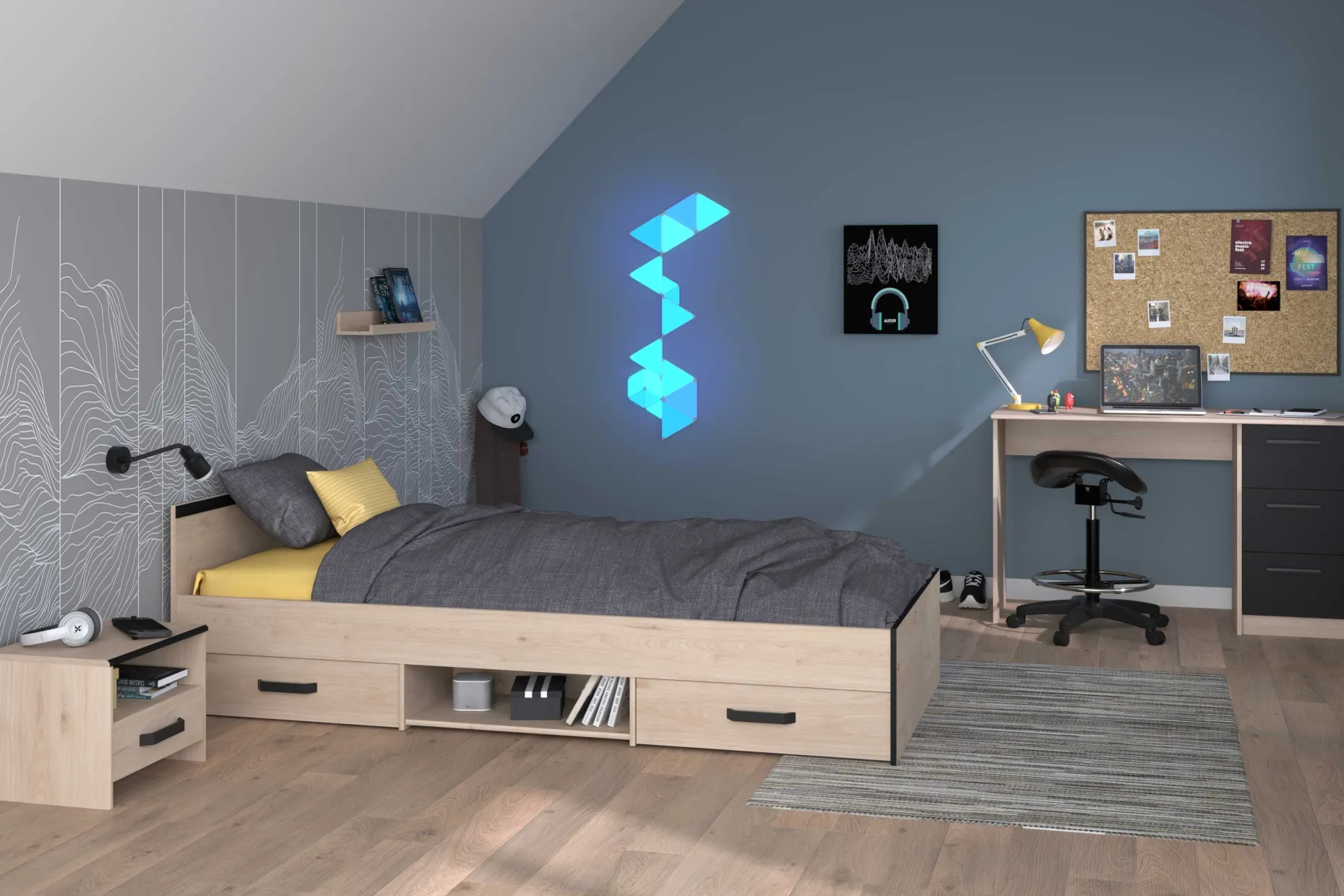 AlmaKinderzimmer : Bett 90x200cm, Nachttisch, Schreibtisch - Eiche Dekor