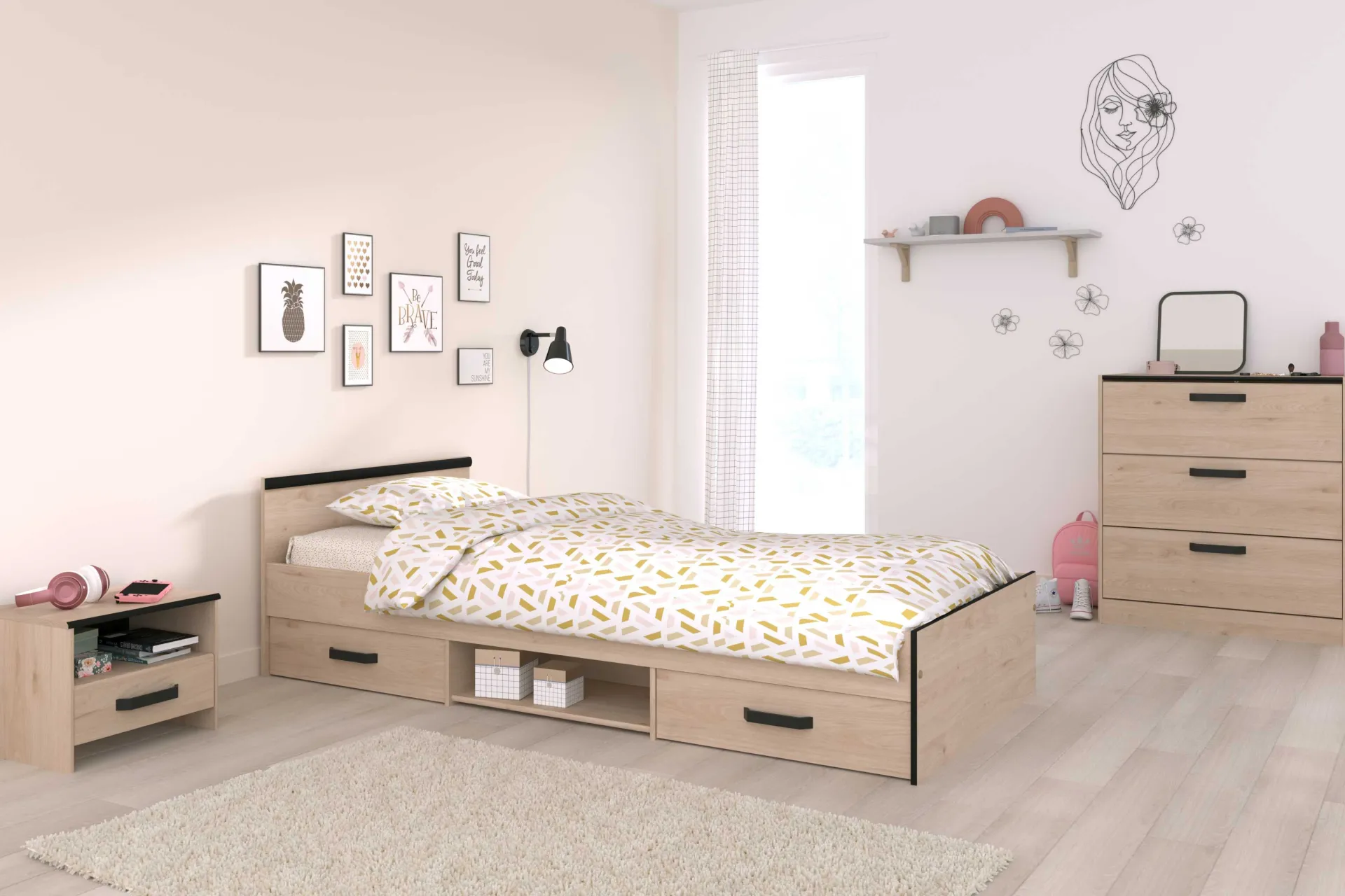 Kinder Parisot AlmaKinderzimmer : Bett 90x200cm, Nachttisch, Kommode - Eiche Dekor