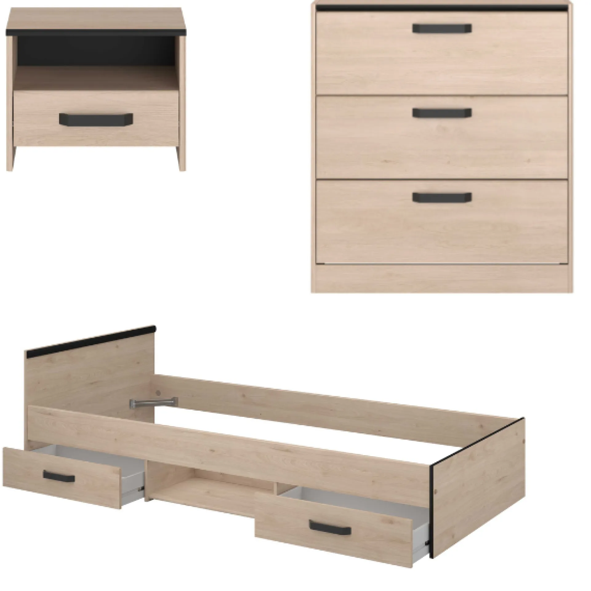 Kinder Parisot AlmaKinderzimmer : Bett 90x200cm, Nachttisch, Kommode - Eiche Dekor