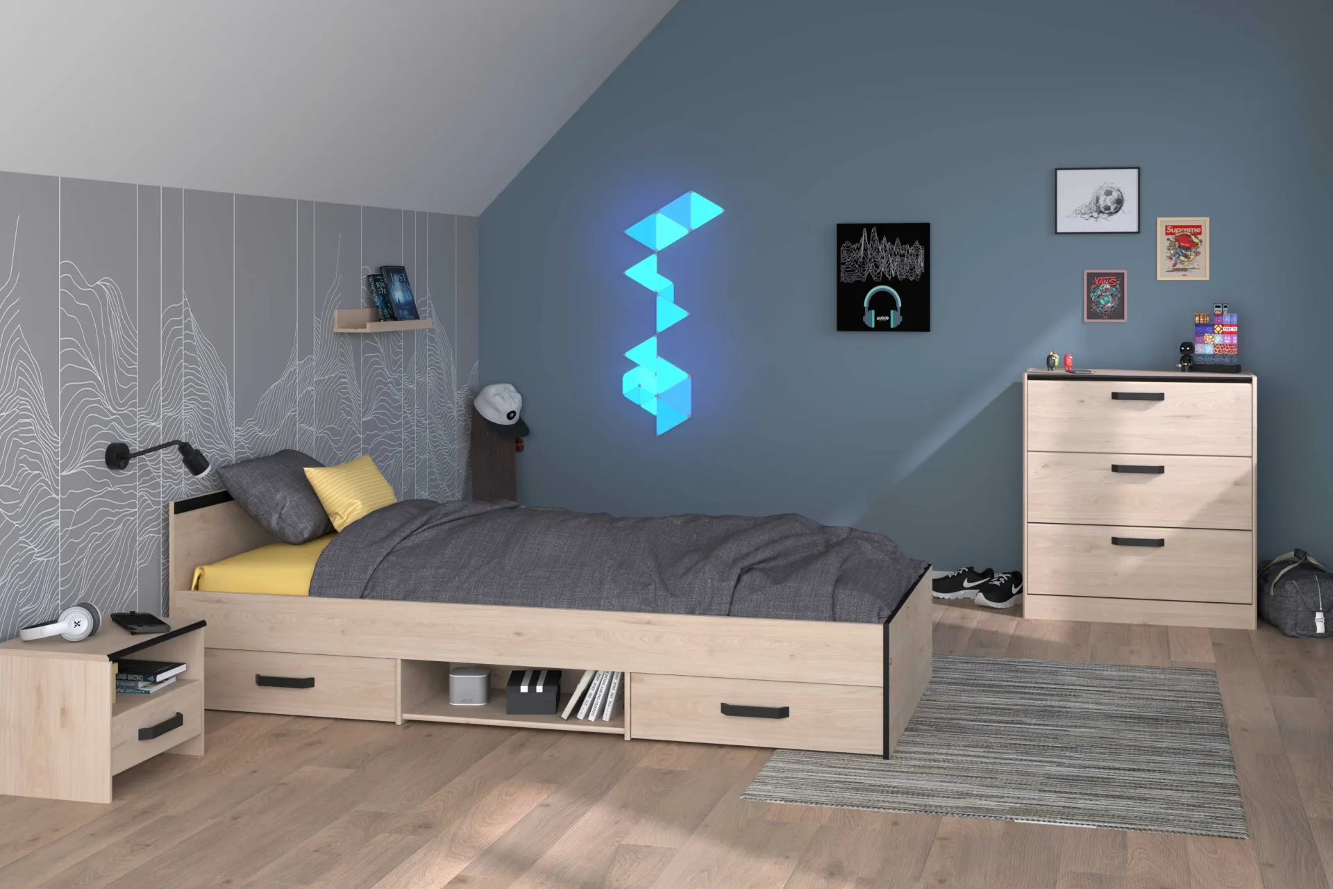 Kinder Parisot AlmaKinderzimmer : Bett 90x200cm, Nachttisch, Kommode - Eiche Dekor