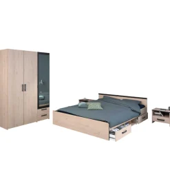Parisot AlmaSchlafzimmer : Bett 140x190cm, Nachttisch, Kleiderschrank - Eichendekor