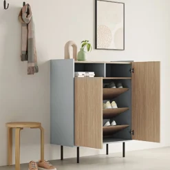 Anjes Schuhschrank 2 Flügeltüren, 1 offenes Fach und 4 Einlegeböden - Eiche hell/celadongrau