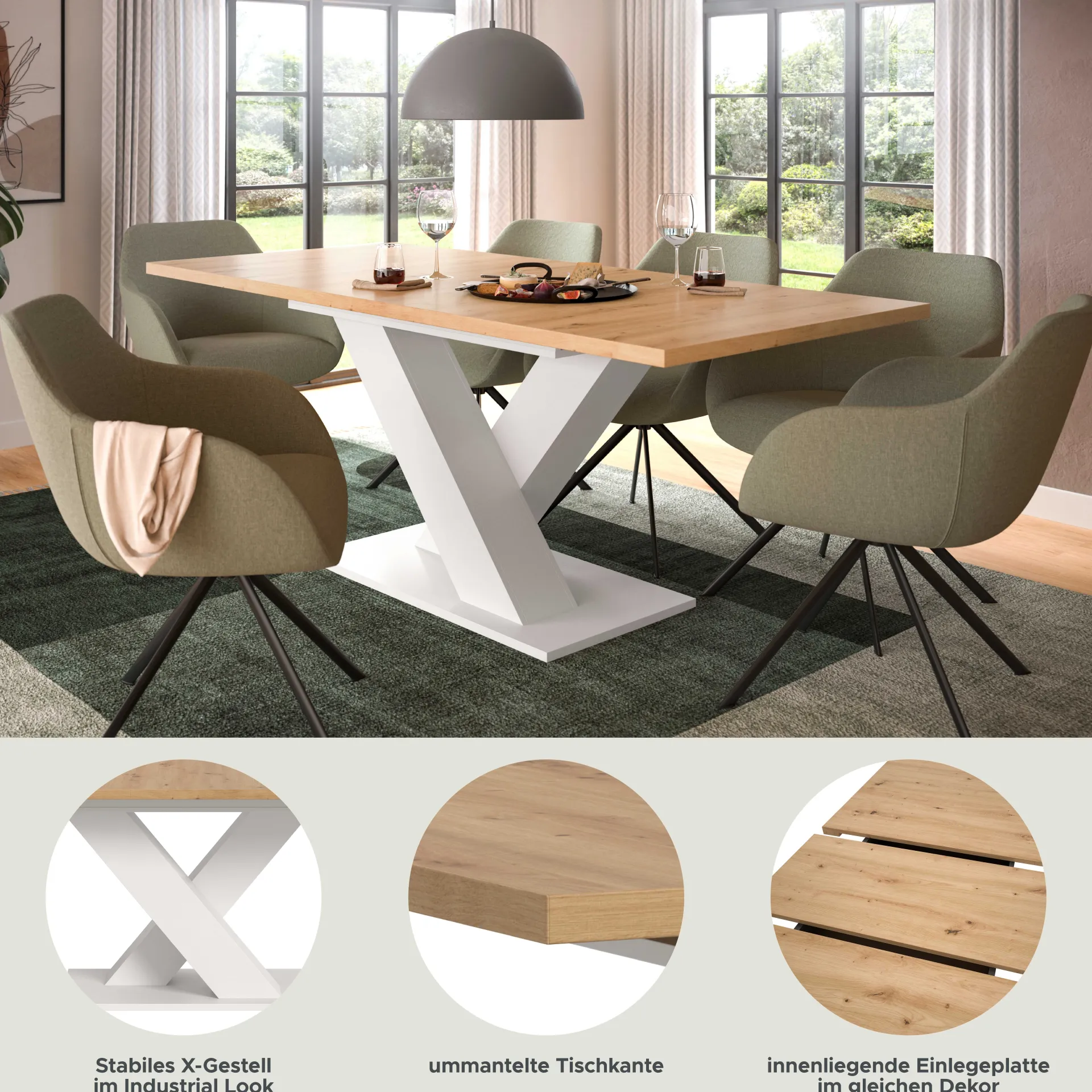 Xonox Ausziehbarer Esstisch Motion Emob - Artisan/Naturweiß - 150-190x76x90 cm