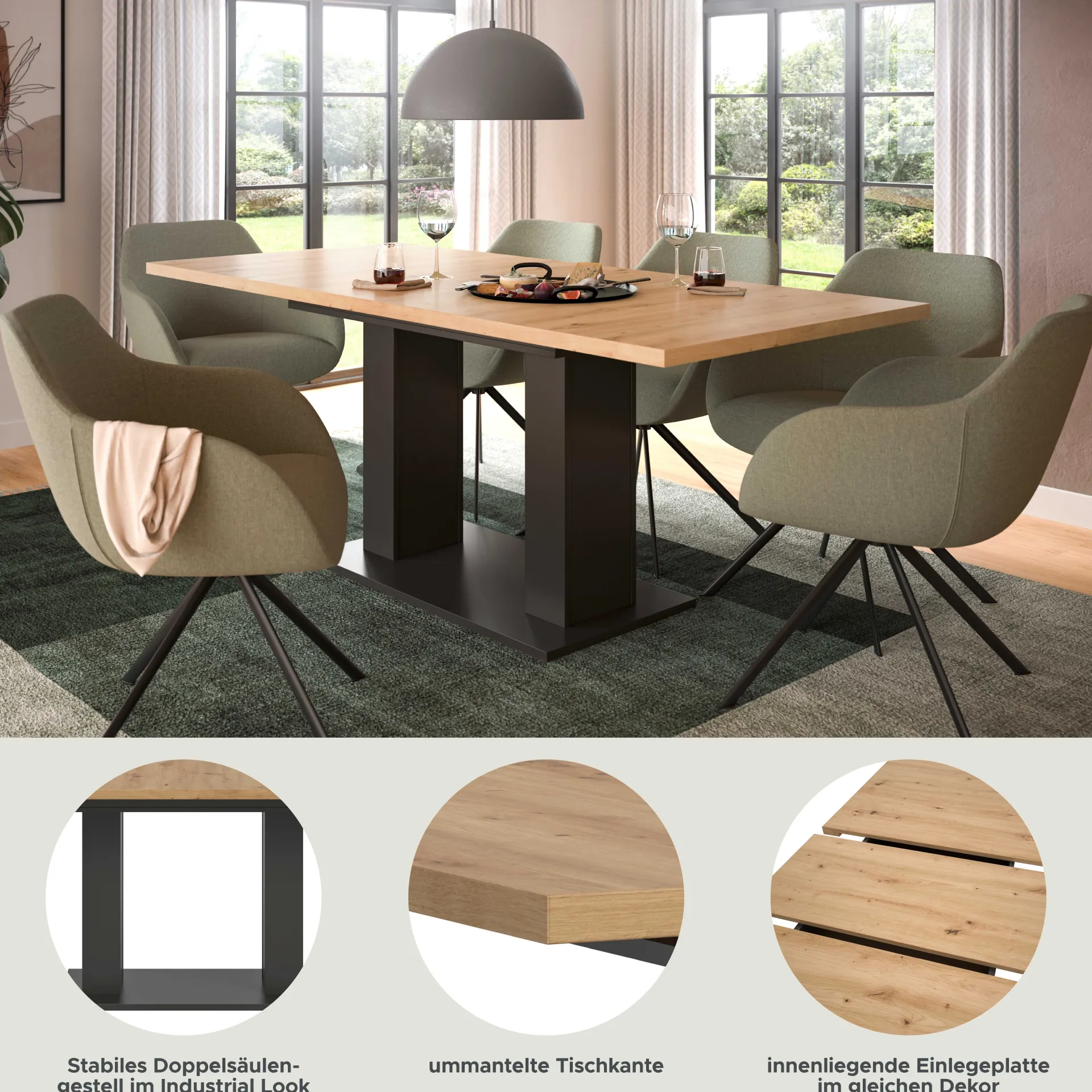 Xonox Ausziehbarer Esstisch Motion Emob - Artisan Holzoptik, Grau, 150-190x90x76 cm