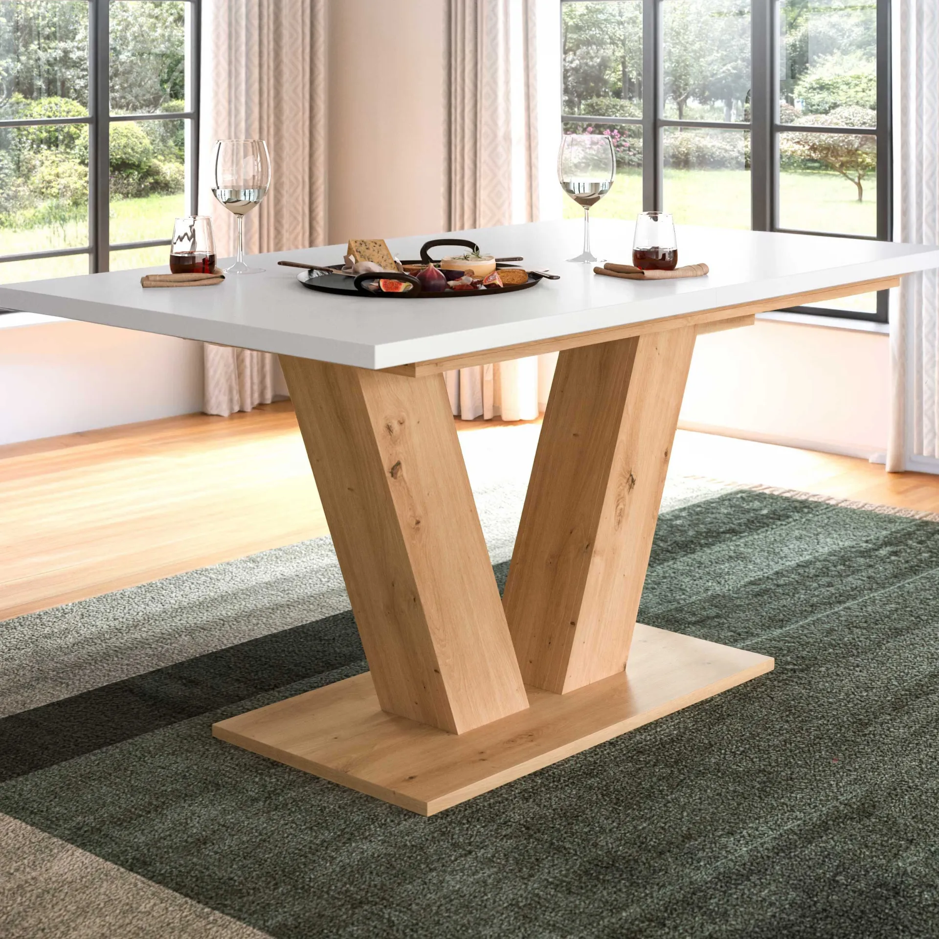 Xonox Ausziehbarer Esstisch Motion Emob - V-Base, Weiß/Natur, 150-190x76x90 cm