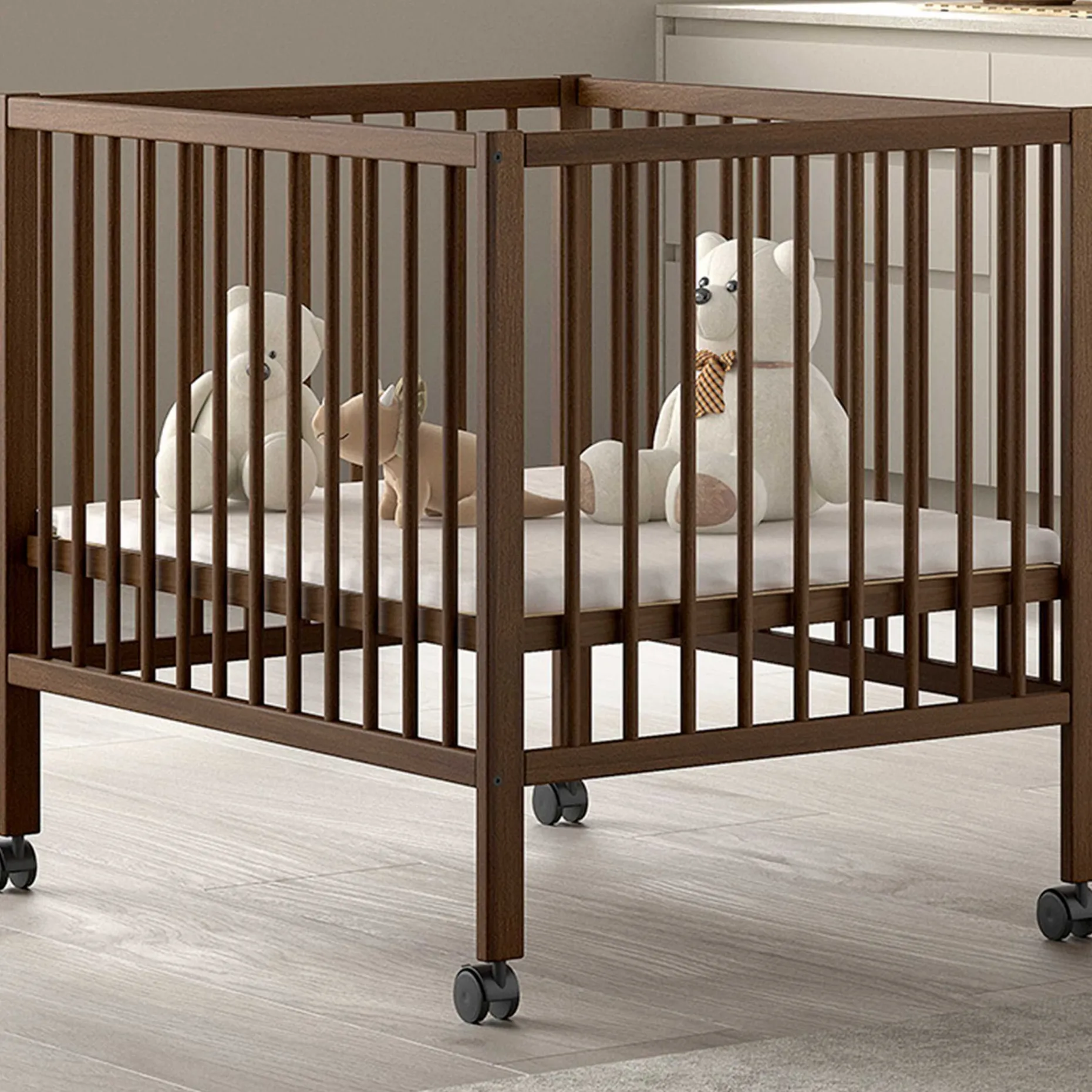 Babypark Dino | 95 x 75 cm | verstellbar | Buche massiv | nussbaumfarben