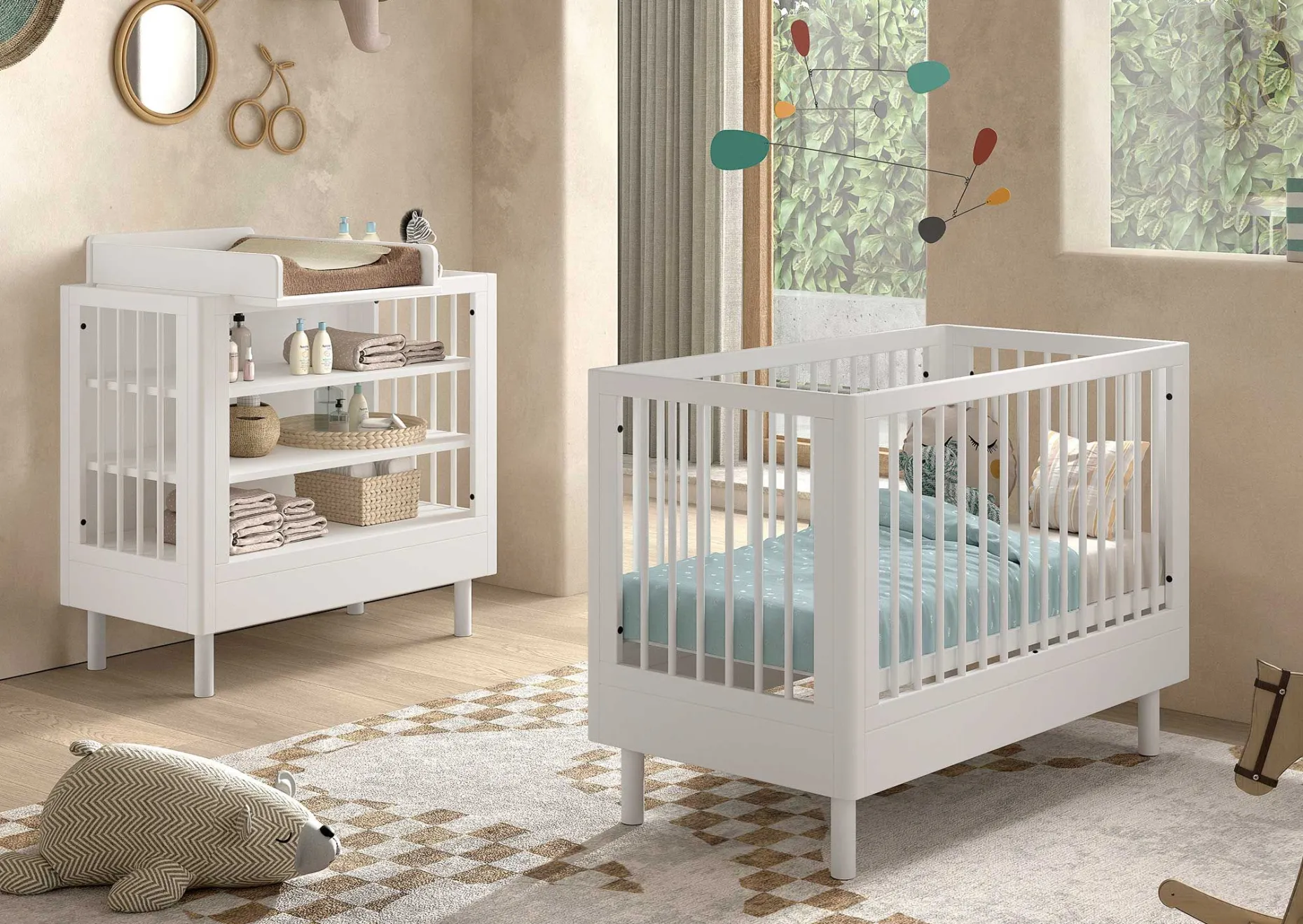Babyzimmer Forrest: Babybett 60x120cm, Wickeltisch mit Wickelauflage - Weißbuche