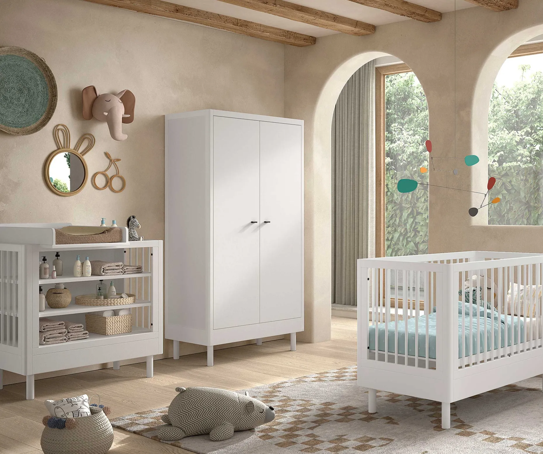 Babyzimmer Forrest: Babybett 60x120cm, Wickeltisch, Kleiderschrank - Weißbuche