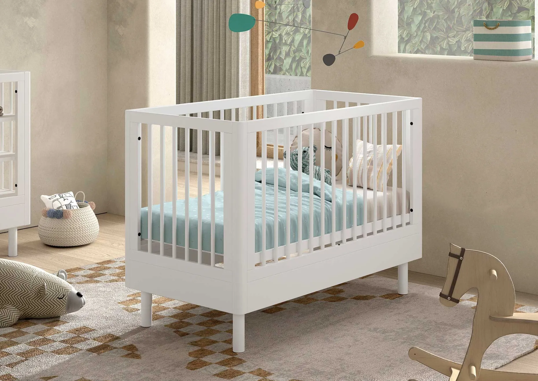 Babyzimmer Forrest: Babybett 60x120cm, Wickeltisch, Kleiderschrank - Weißbuche