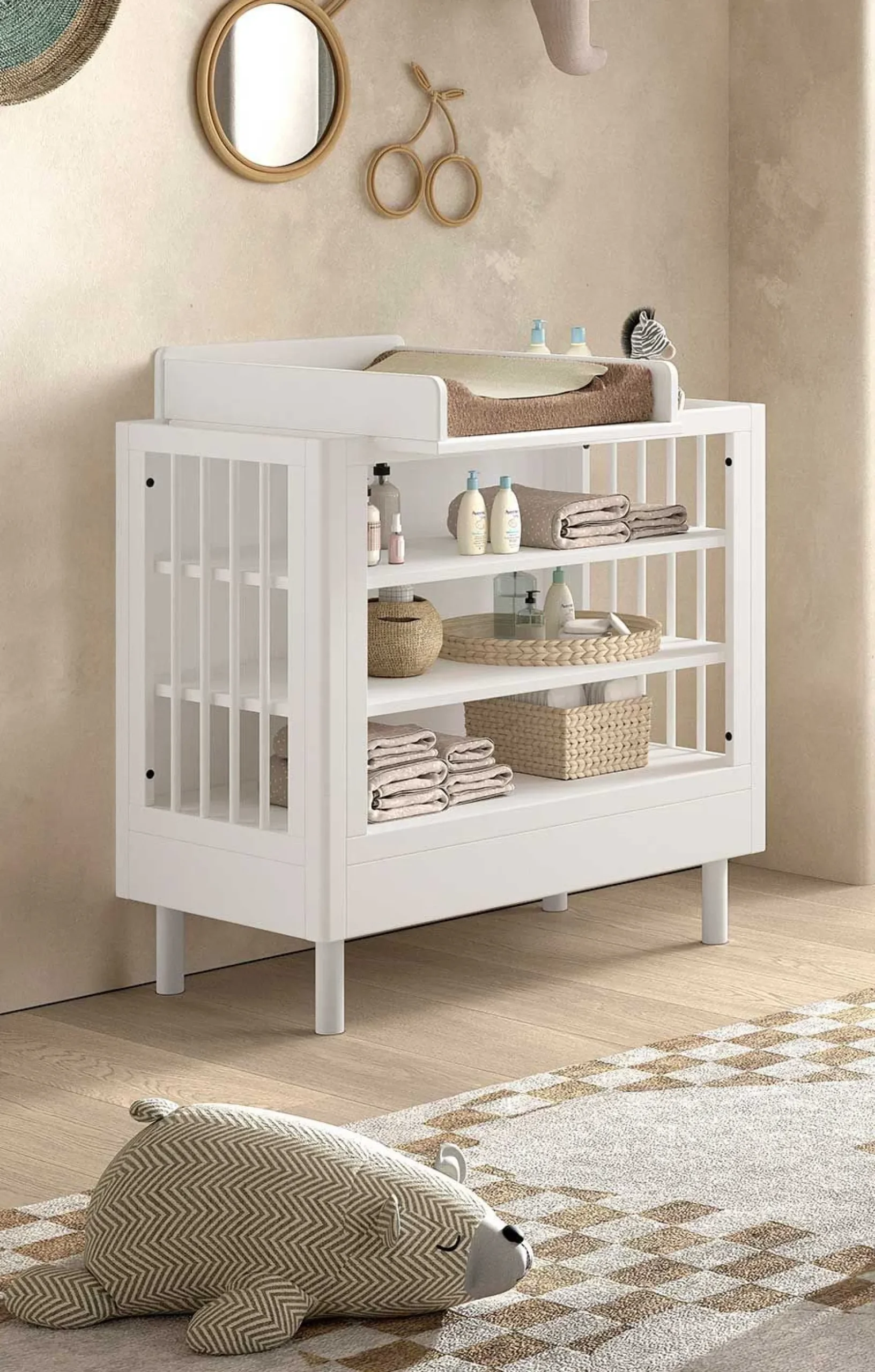 Babyzimmer Forrest: Babybett 70x140cm, Wickeltisch mit Wickelbrett, Kleiderschrank - Weißbuche