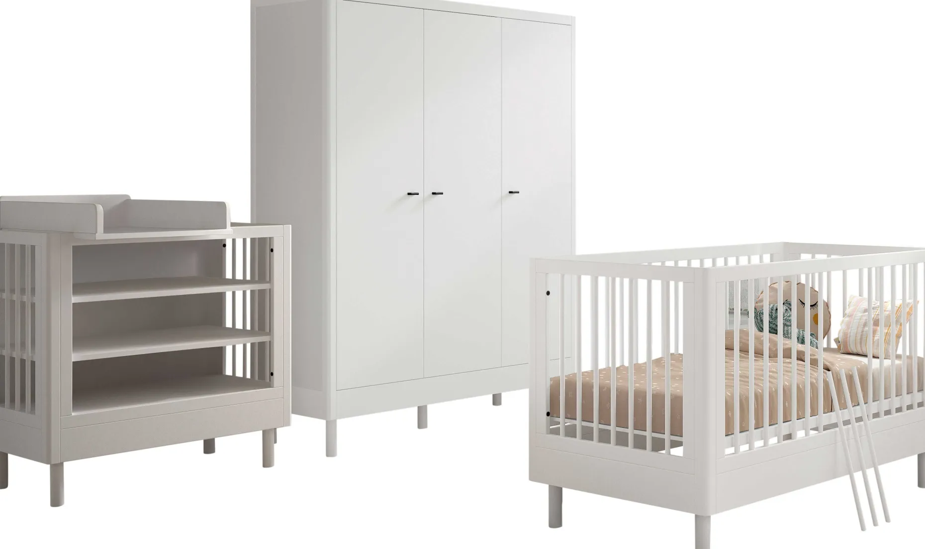 Babyzimmer Forrest: Babybett 70x140cm, Wickeltisch mit Wickelbrett, Kleiderschrank - Weißbuche