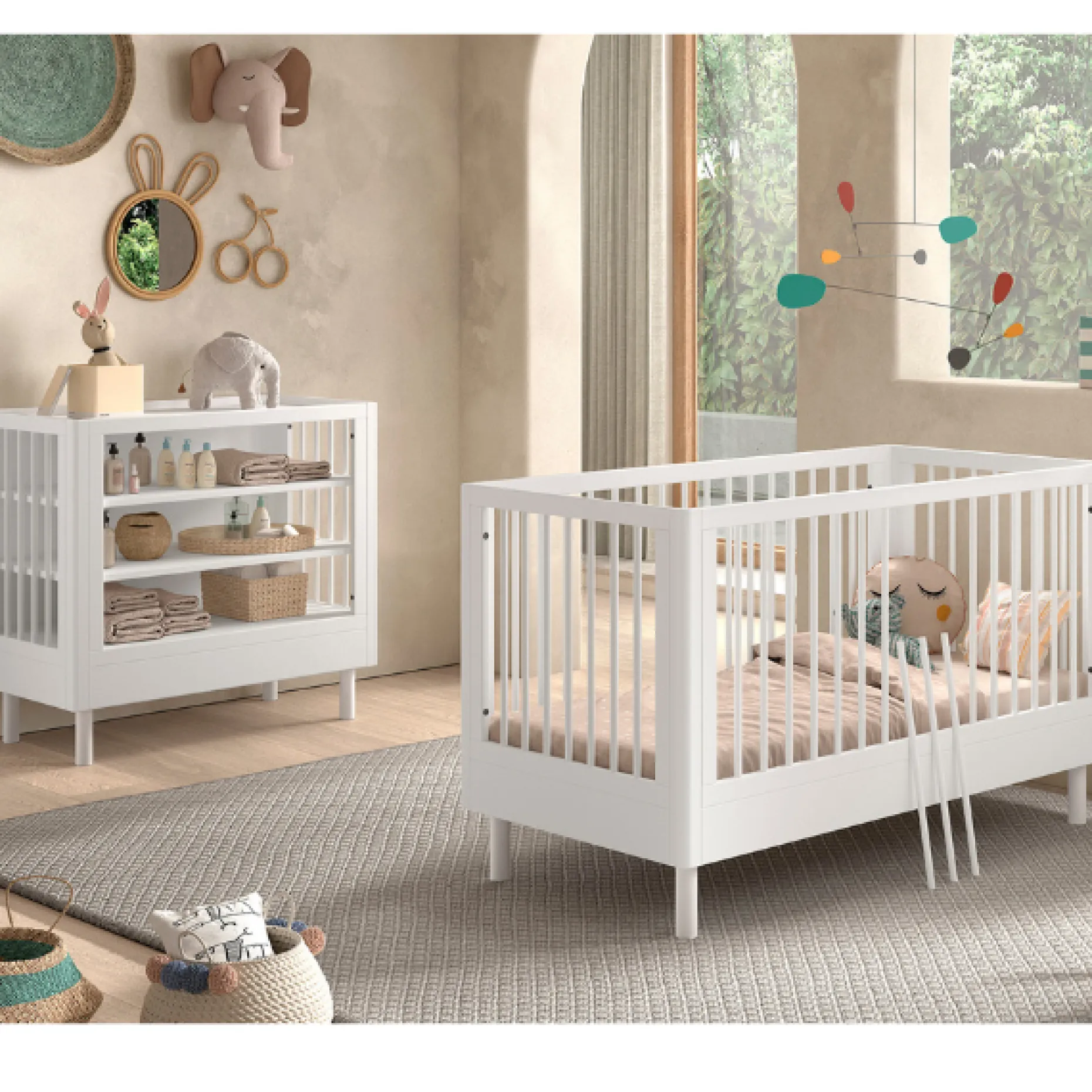Babyzimmer Forrest: Babybett 70x140cm, Wickeltisch - Buche weiß