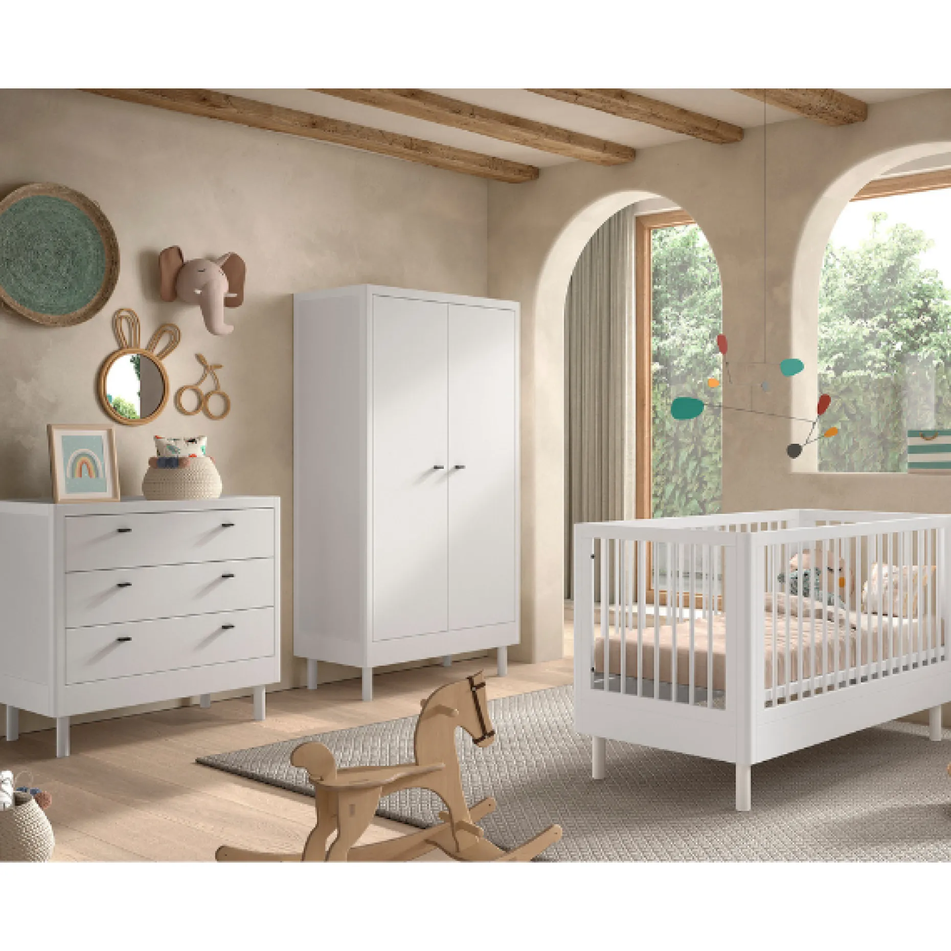 Babyzimmer Forrest: Babybett 70x140cm, Kommode, Kleiderschrank - Weißbuche