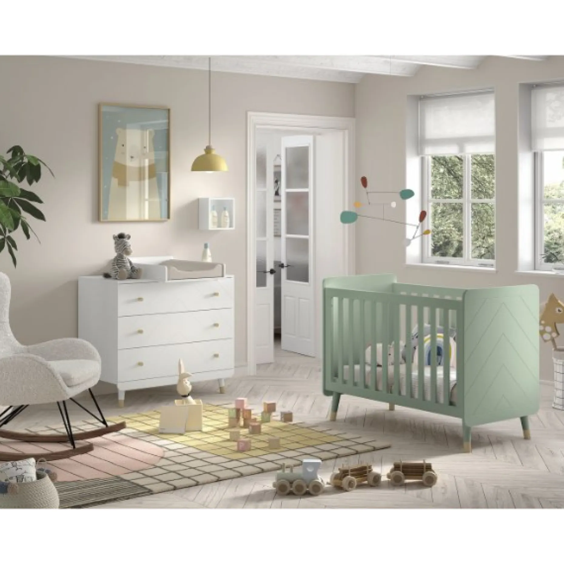 Babyzimmer-Set Billy - Babybett, Kommode & Wickeltisch - Grün/Weiß