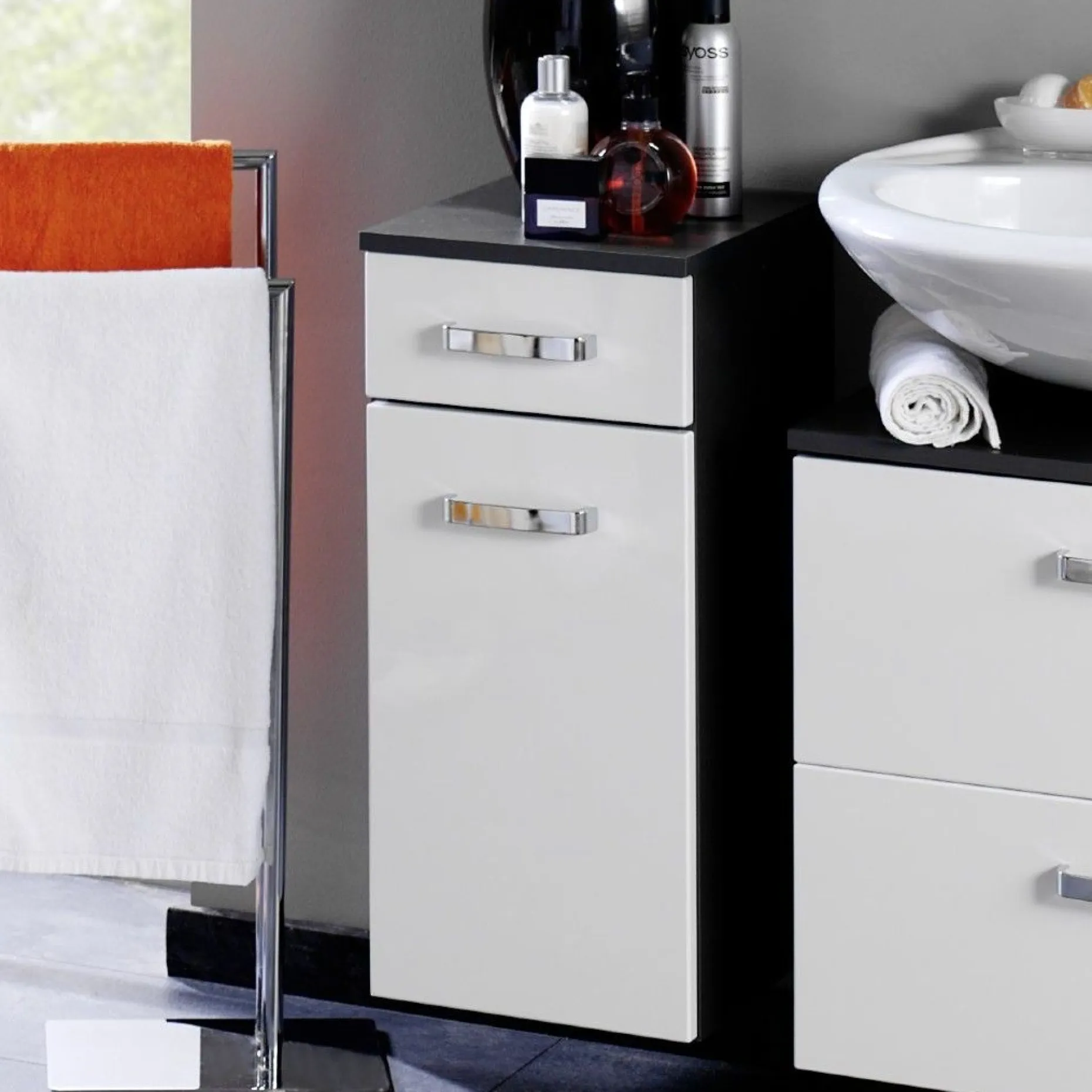 Badezimmerschrank Bobbi 30cm 1 Schublade und 1 Tür - graphit/hochglanz-weiß