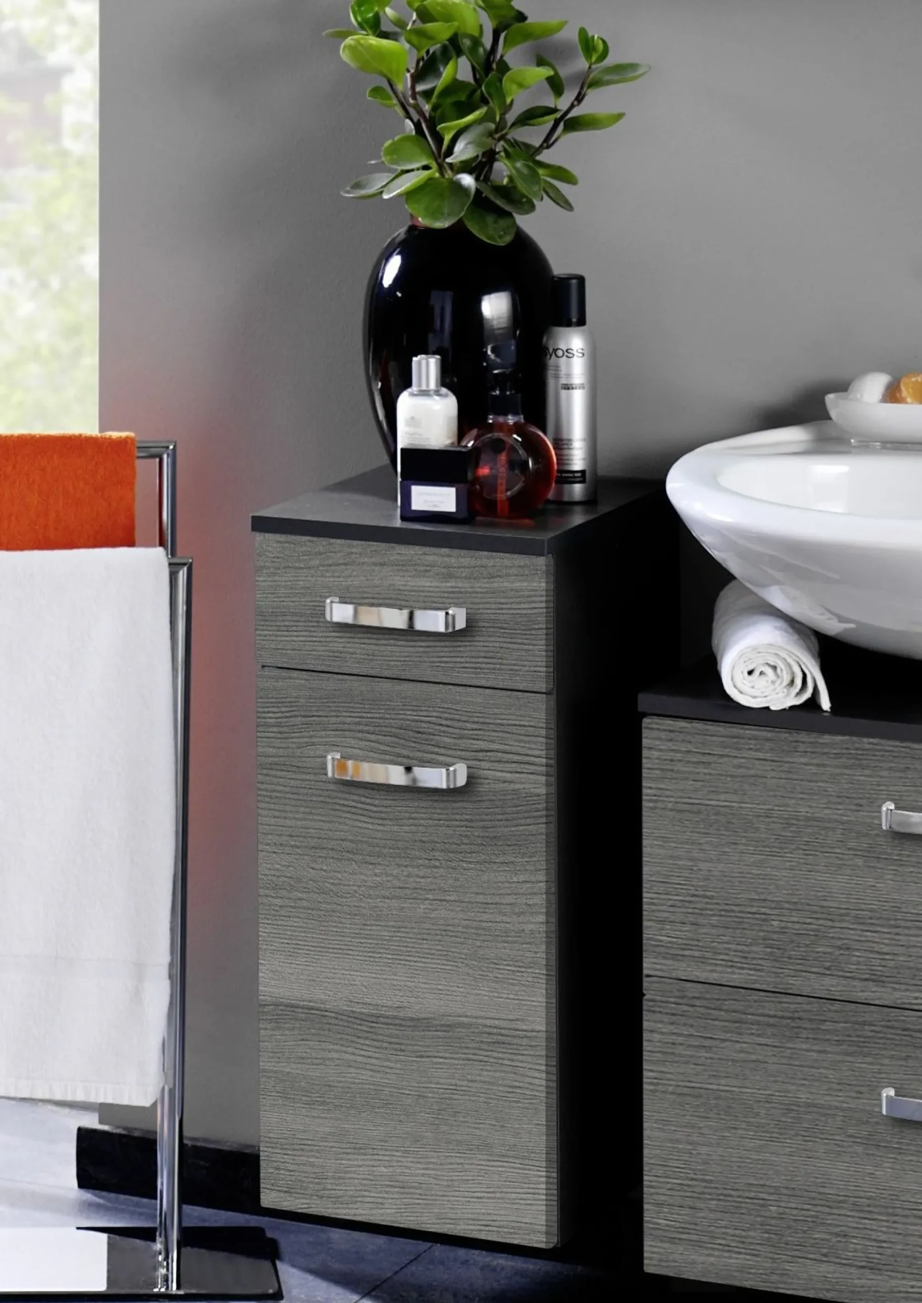 Badezimmerschrank Bobbi 30cm 1 Schublade und 1 Tür - graphit/graue Eiche