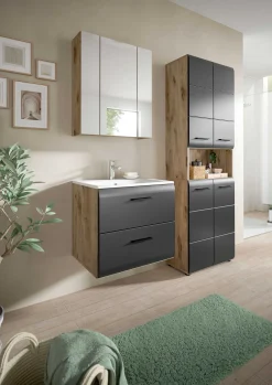 Badezimmerschrank Ice Xonox - mit Keramikwaschbecken - 60x55x46 cm - Mattschwarz & Nox Oak