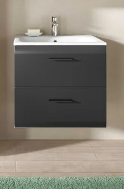 Badezimmerschrank Ice Xonox - mit Keramikwaschbecken - 60x55x46 cm - Mattschwarz & Nox Oak