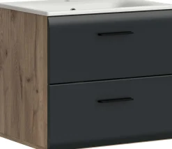 Badezimmerschrank Ice Xonox - mit Keramikwaschbecken - 60x55x46 cm - Mattschwarz & Nox Oak