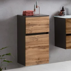 Badezimmerschrank Kornel/Luna 40cm 1 Tür und 1 Schublade - Graphitgrau/Eiche