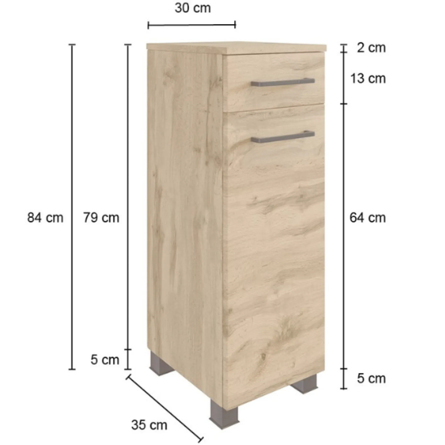 Badezimmerschrank Malvo 30cm 1 Tür und 1 Schublade - Eiche/schwarz