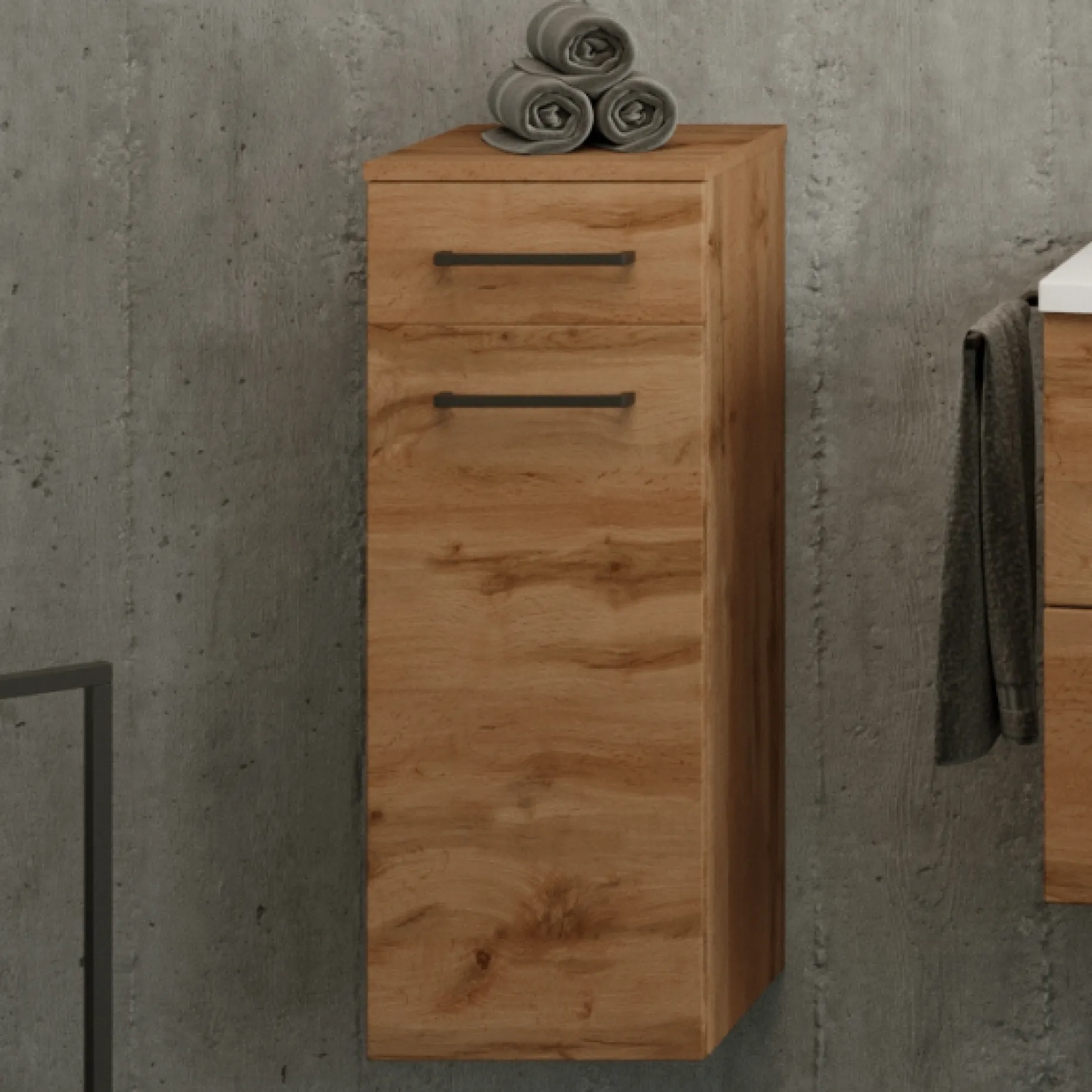 Badezimmerschrank Malvo 30cm 1 Tür und 1 Schublade - Eiche/schwarz