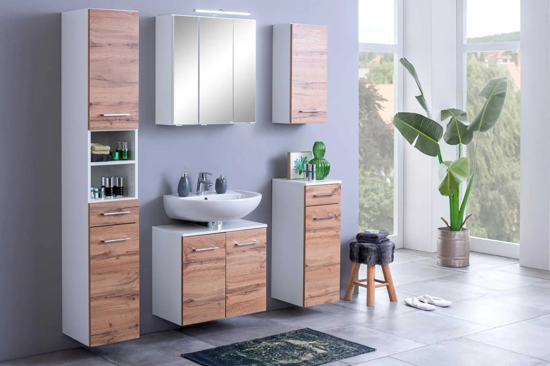 Badezimmerschrank Pares 30cm 1 Tür und 1 Schublade - Eiche weiß/wotan