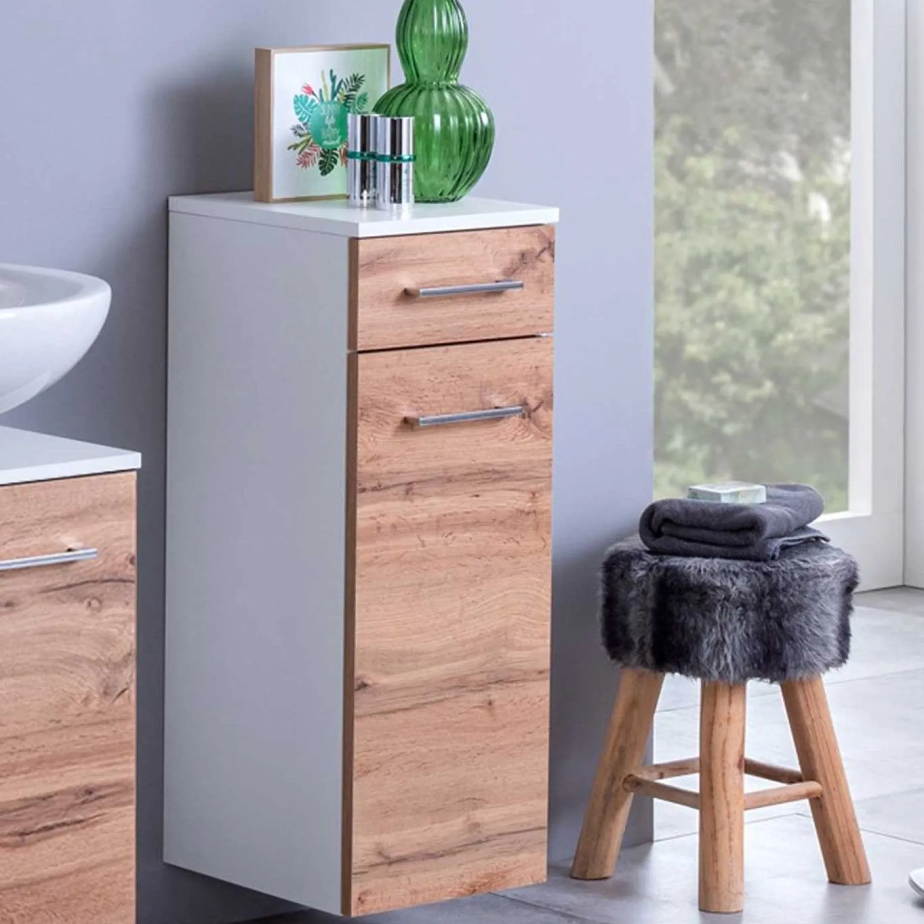Badezimmerschrank Pares 30cm 1 Tür und 1 Schublade - Eiche weiß/wotan