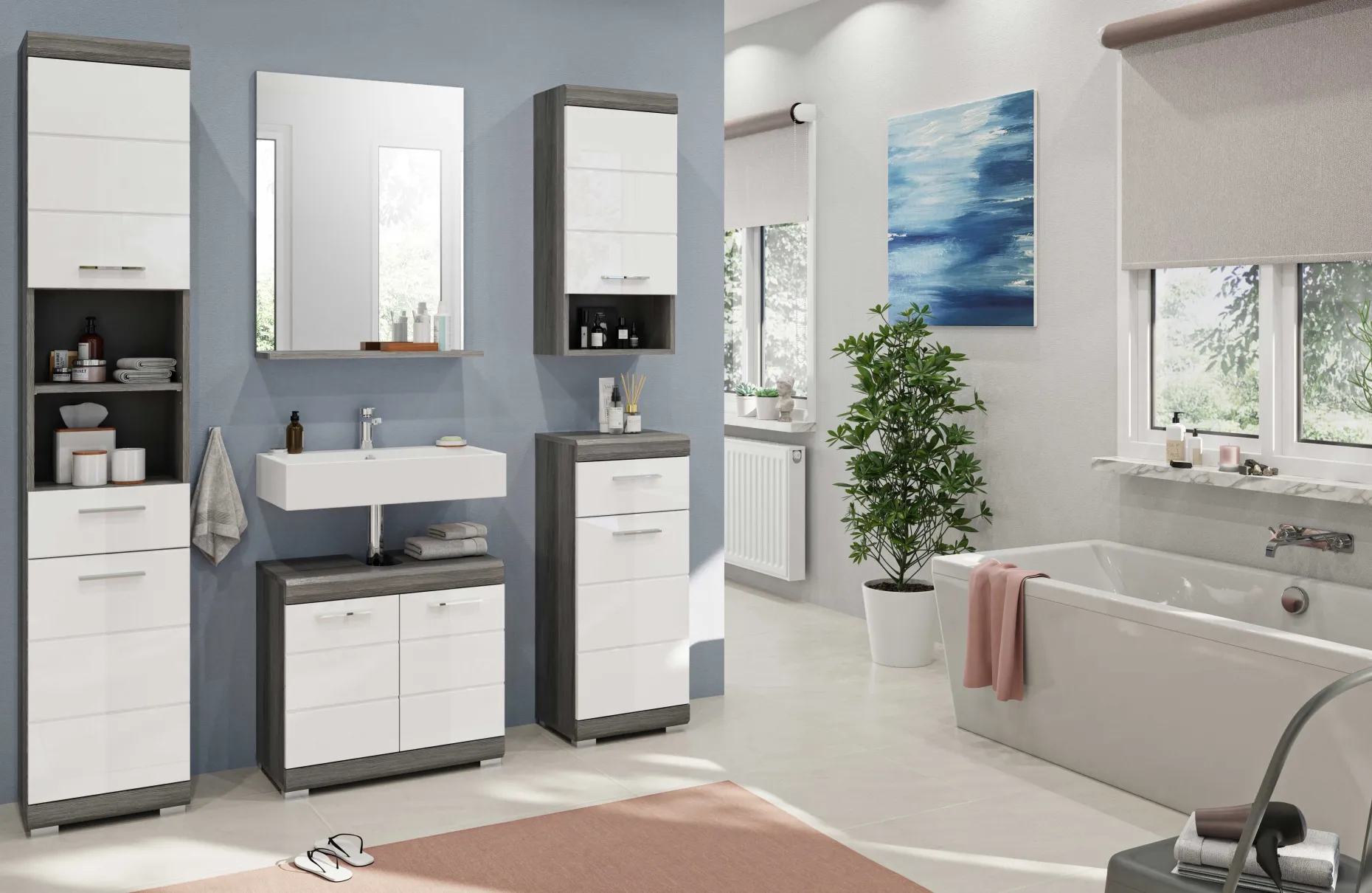 Badezimmerschrank Scout Xonox – Smoke Silver/Weiß Hochglanz – 60x56x34 cm