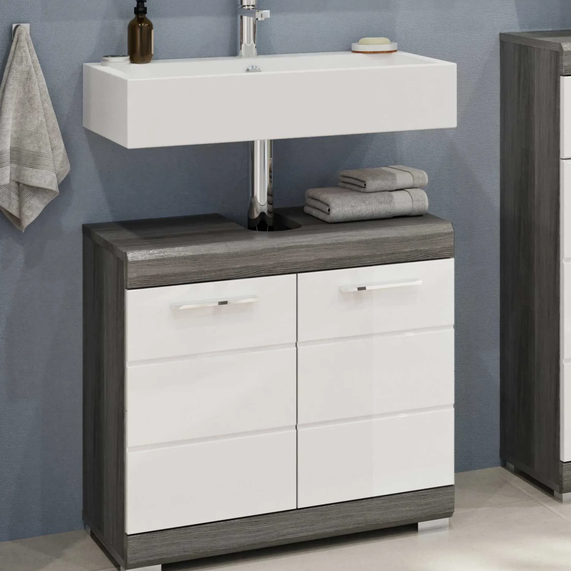 Badezimmerschrank Scout Xonox – Smoke Silver/Weiß Hochglanz – 60x56x34 cm