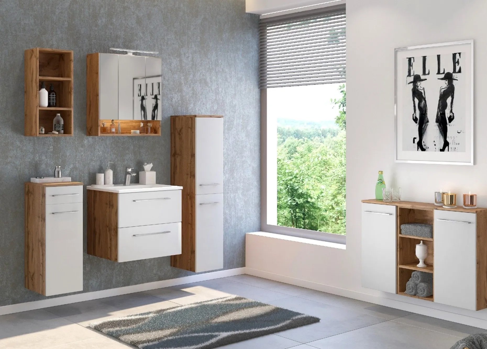Badezimmerschrank Sefa 90cm 2 Türen - Eiche/Weiß