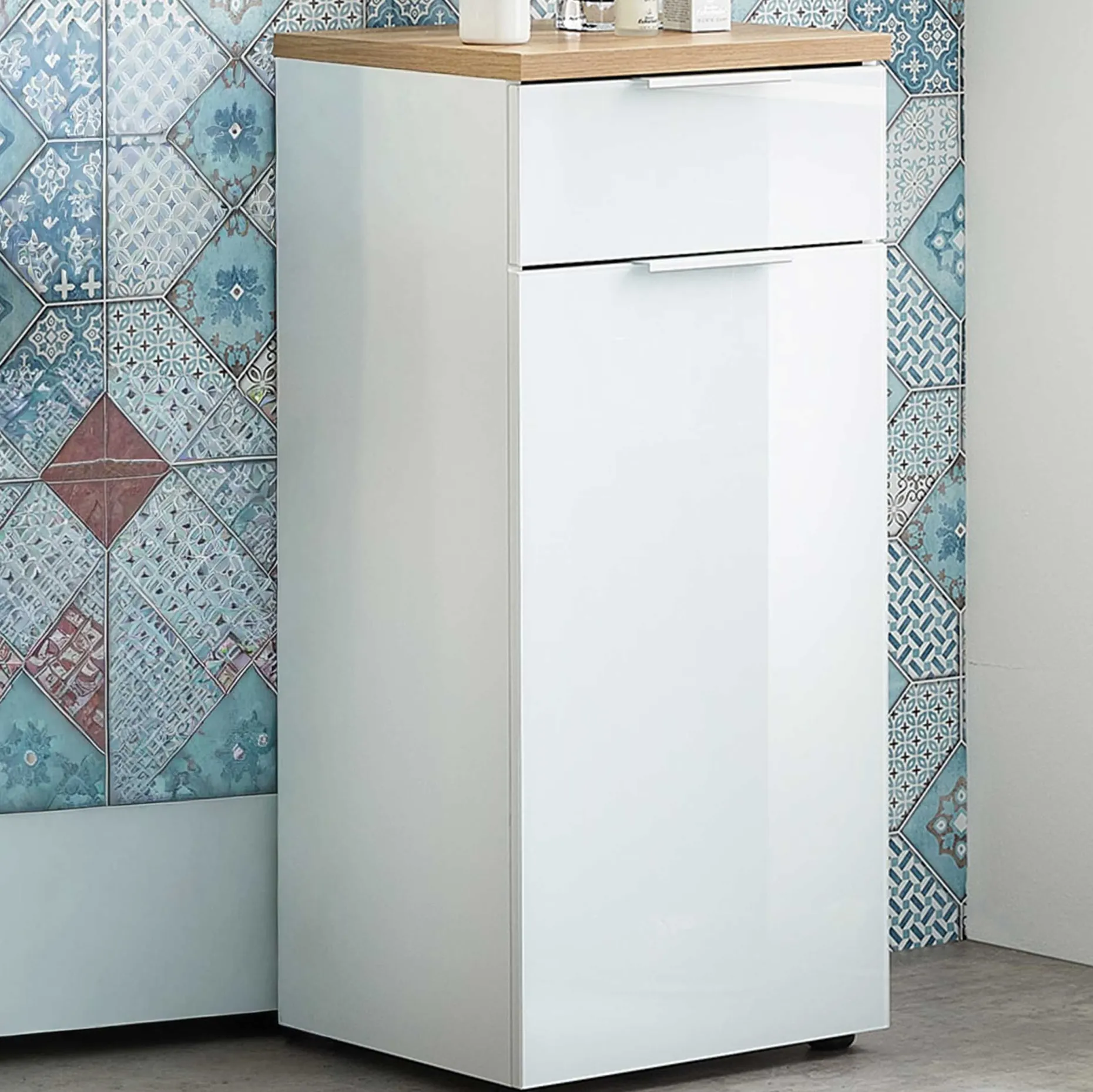 Badezimmerschrank Sepp mit 1 Tür und 1 Schublade - weiß/Eiche