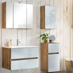 Held Badezimmerset Helsinki | Waschtischschrank, Spiegelschrank, Hängeschrank, Seitenschrank | Wotan Eiche/weißes Design