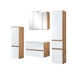 Held Badezimmerset Helsinki | Waschtischschrank, Spiegelschrank, Hängeschrank, Säulenschrank | Wotan Eiche/weißes-design
