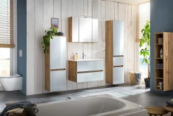Held Badezimmerset Helsinki | Waschtischschrank, Spiegelschrank, Hängeschrank, Säulenschrank | Wotan Eiche/weißes-design