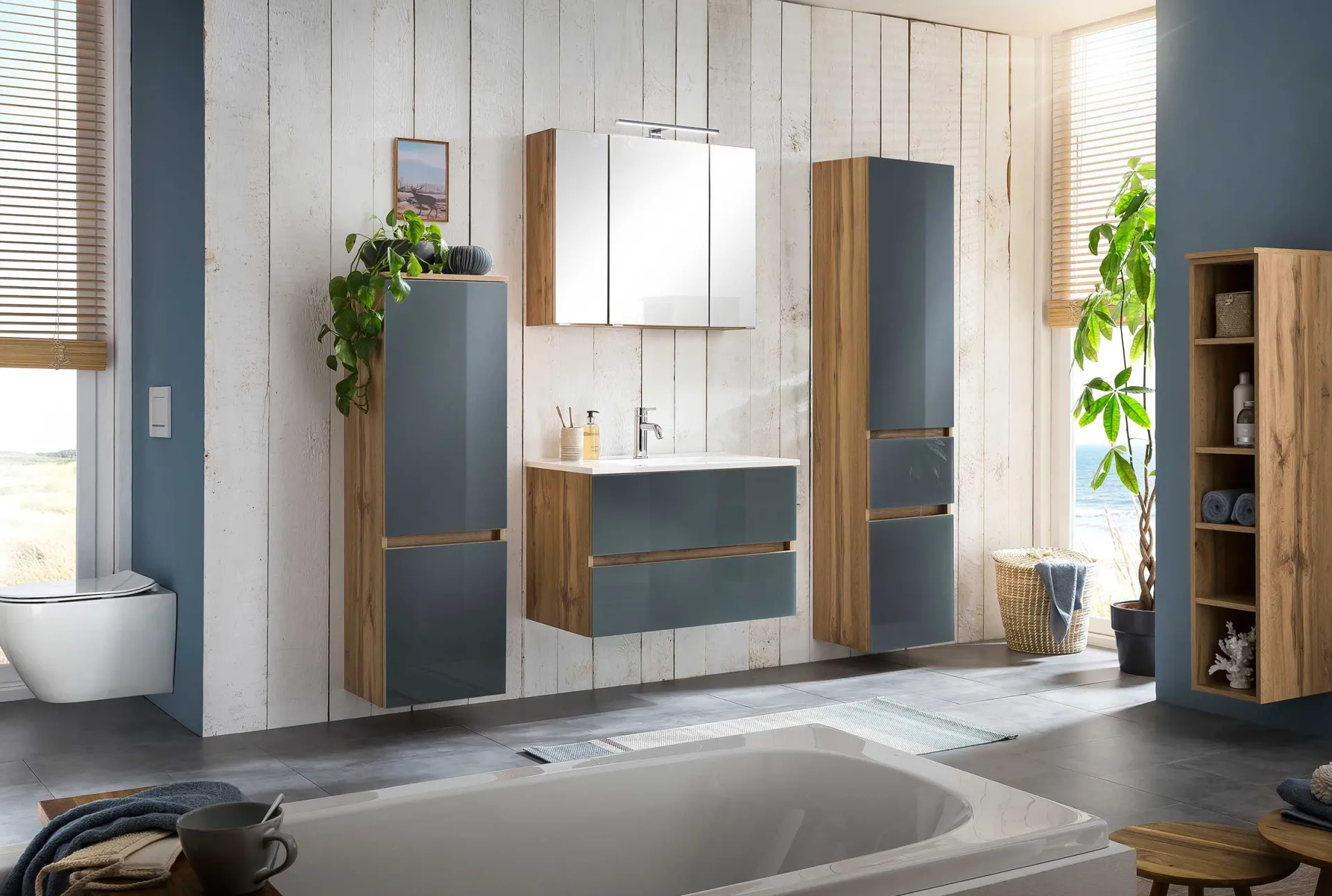 Held Badezimmerset Helsinki | Waschtischschrank, Spiegelschrank, Hängeschrank, Säulenschrank | Wotan Eiche/-design