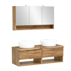 Held Badezimmerset Kaprun | Doppelwaschtisch und Spiegelschrank mit Beleuchtung | Wotan Oak