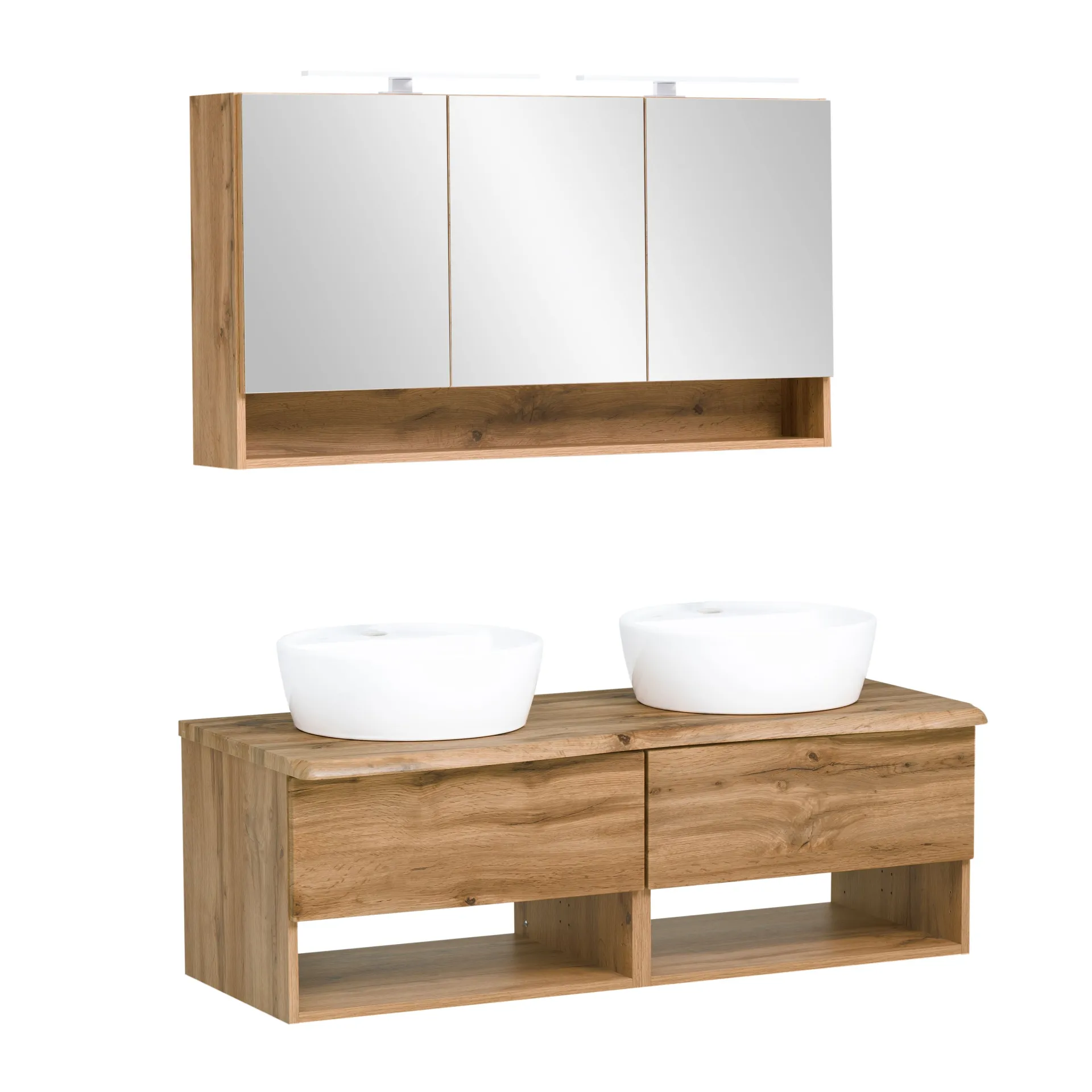 Held Badezimmerset Kaprun | Doppelwaschtisch und Spiegelschrank mit Beleuchtung | Wotan Oak