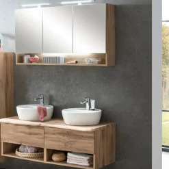Held Badezimmerset Kaprun | Doppelwaschtisch und Spiegelschrank mit Beleuchtung | Wotan Oak
