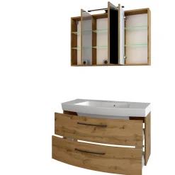Held Badezimmerset Manchester | Waschbeckenschrank und Spiegelschrank mit Beleuchtung | Wotan Eiche Design