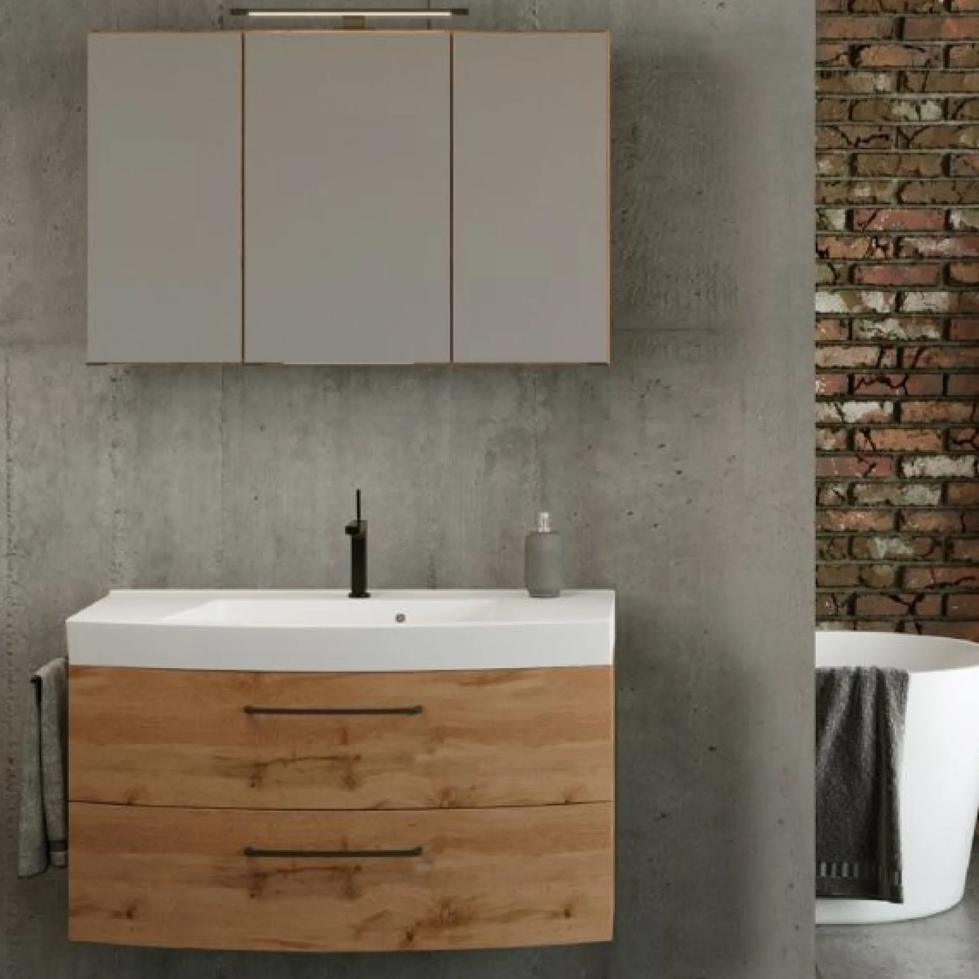 Held Badezimmerset Manchester | Waschbeckenschrank und Spiegelschrank mit Beleuchtung | Wotan Eiche Design