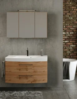 Held Badezimmerset Manchester | Waschbeckenschrank und Spiegelschrank mit Beleuchtung | Wotan Eiche Design