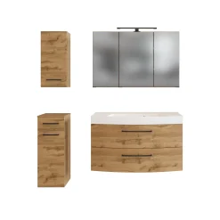 Held Badezimmerset Manchester | Waschtischschrank, Säulenschrank, Hängeschrank, Spiegelschrank mit Beleuchtung | Eiche Wotan
