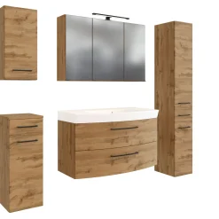 Held Badezimmerset Manchester | Waschtischschrank, Säulenschrank, Spiegelschrank mit Beleuchtung, Hängeschrank, Beistellschrank | Eiche Wotan