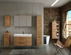 Held Badezimmerset Manchester | Waschtischschrank, Säulenschrank, Spiegelschrank mit Beleuchtung, Hängeschrank, Beistellschrank | Eiche Wotan
