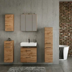 Held Badezimmerset Manchester | Waschtischschrank, Säulenschrank, Spiegelschrank mit Beleuchtung, Hängeschrank, Beistellschrank | Eiche Wotan