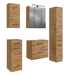 Held Badezimmerset Manchester | Waschtischschrank, Säulenschrank, Spiegelschrank mit Beleuchtung, Hängeschrank, Beistellschrank | Eiche Wotan